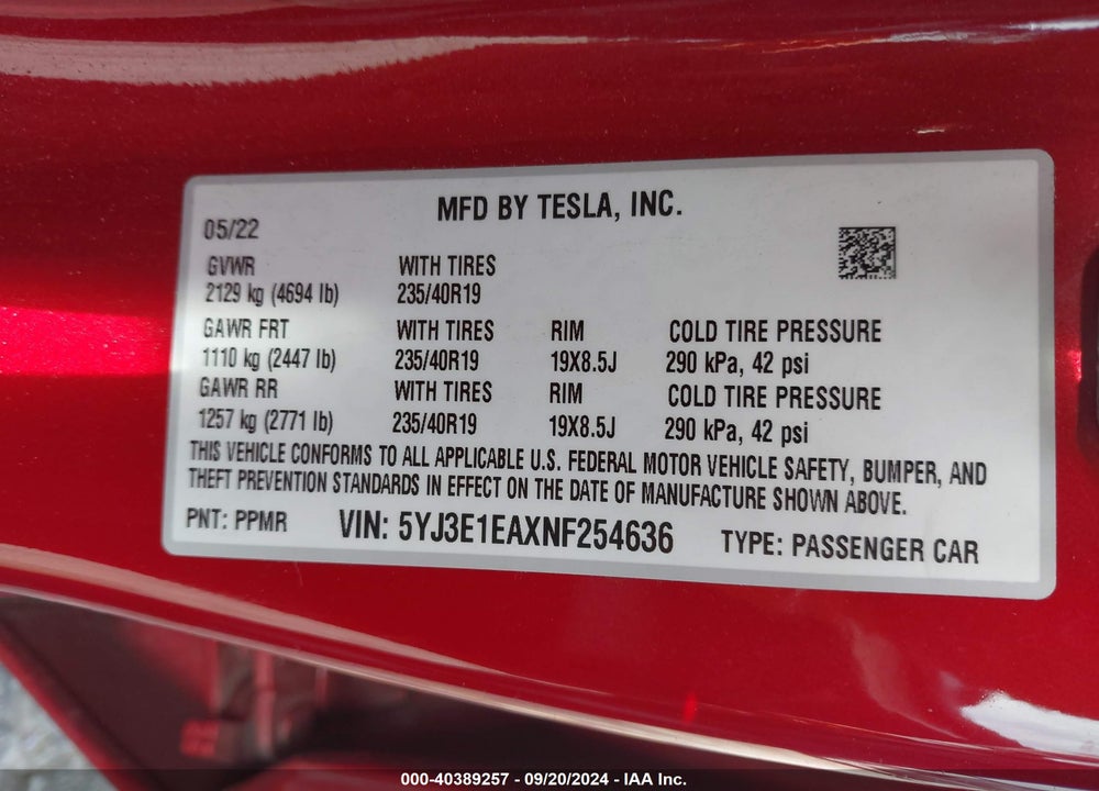 2022 TESLA MODEL 3 VIN: 5YJ3E1EAXNF254636