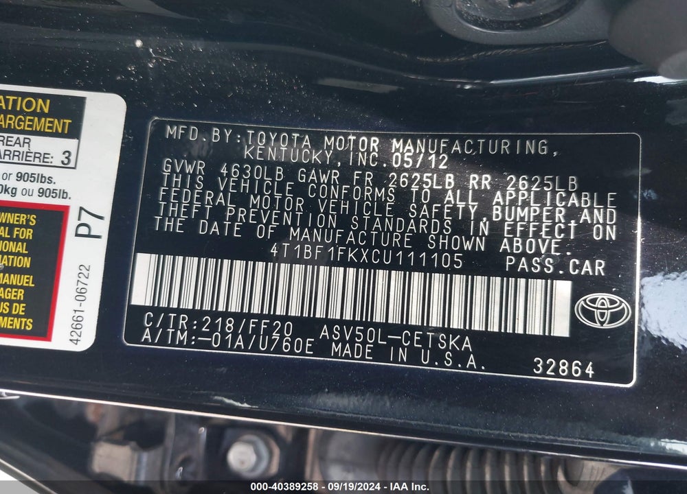 2012 TOYOTA CAMRY SE VIN: 4T1BF1FKXCU111105