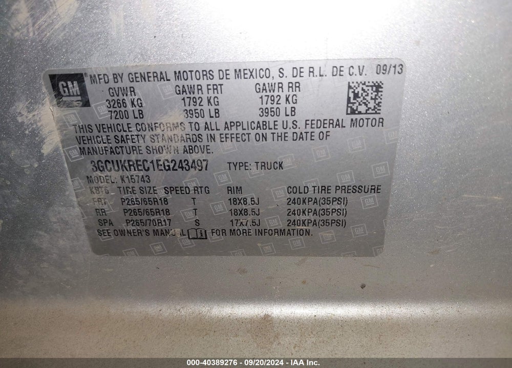 2014 CHEVROLET SILVERADO 1500 2LT VIN: 3GCUKREC1EG243497