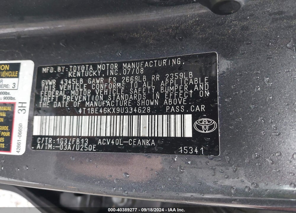 2009 TOYOTA CAMRY LE VIN: 4T1BE46KX9U334628