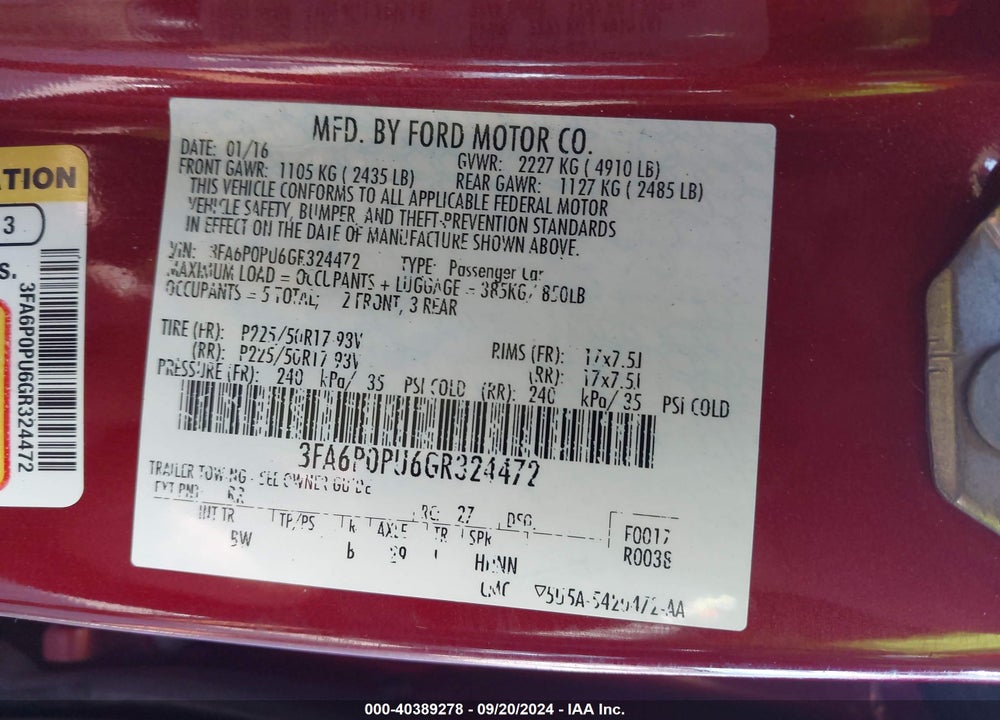 2016 FORD FUSION ENERGI SE LUXURY VIN: 3FA6P0PU6GR324472