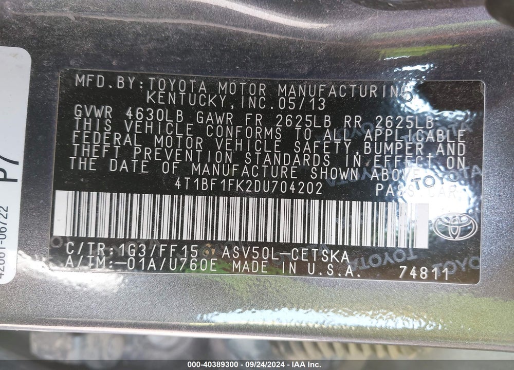 2013 TOYOTA CAMRY SE VIN: 4T1BF1FK2DU704202