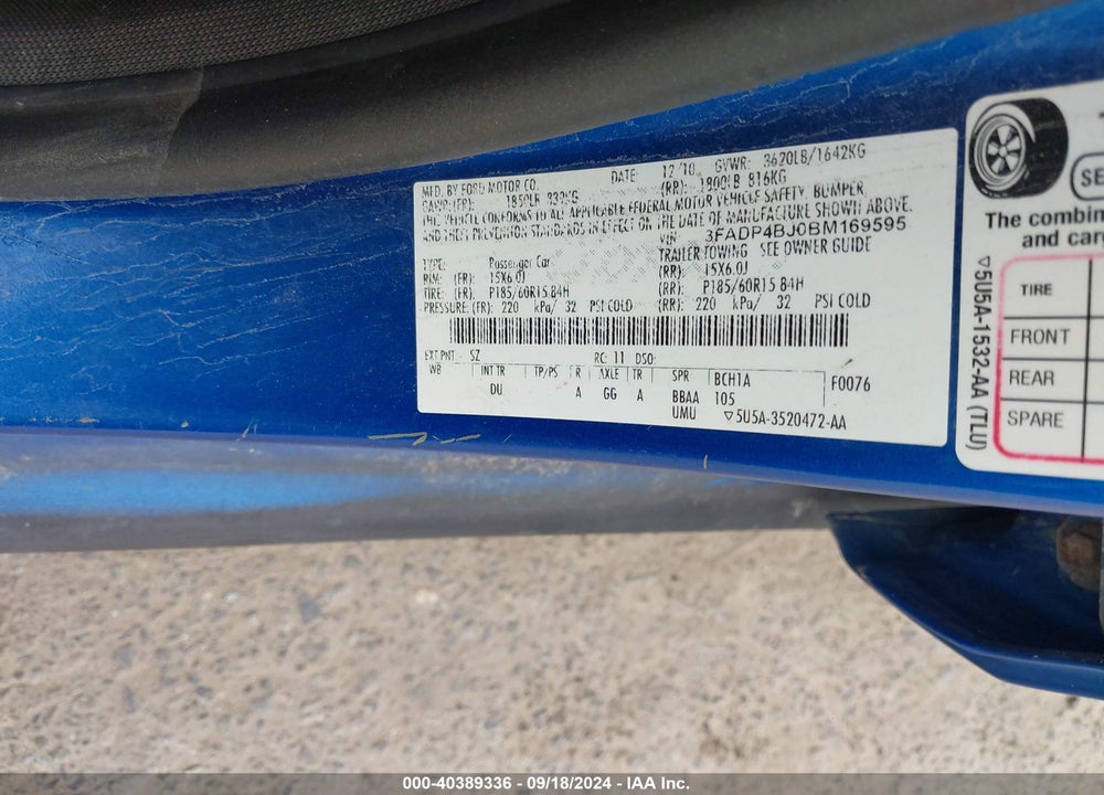 2011 FORD FIESTA SE VIN: 3FADP4BJ0BM169595