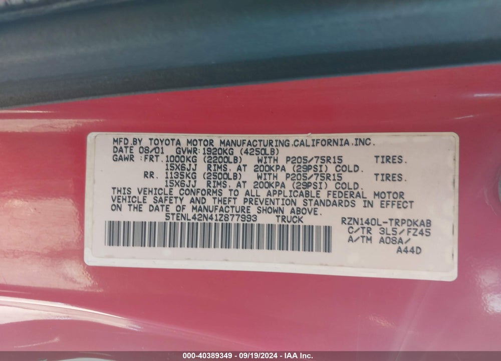 2001 TOYOTA TACOMA VIN: 5TENL42N41Z877993