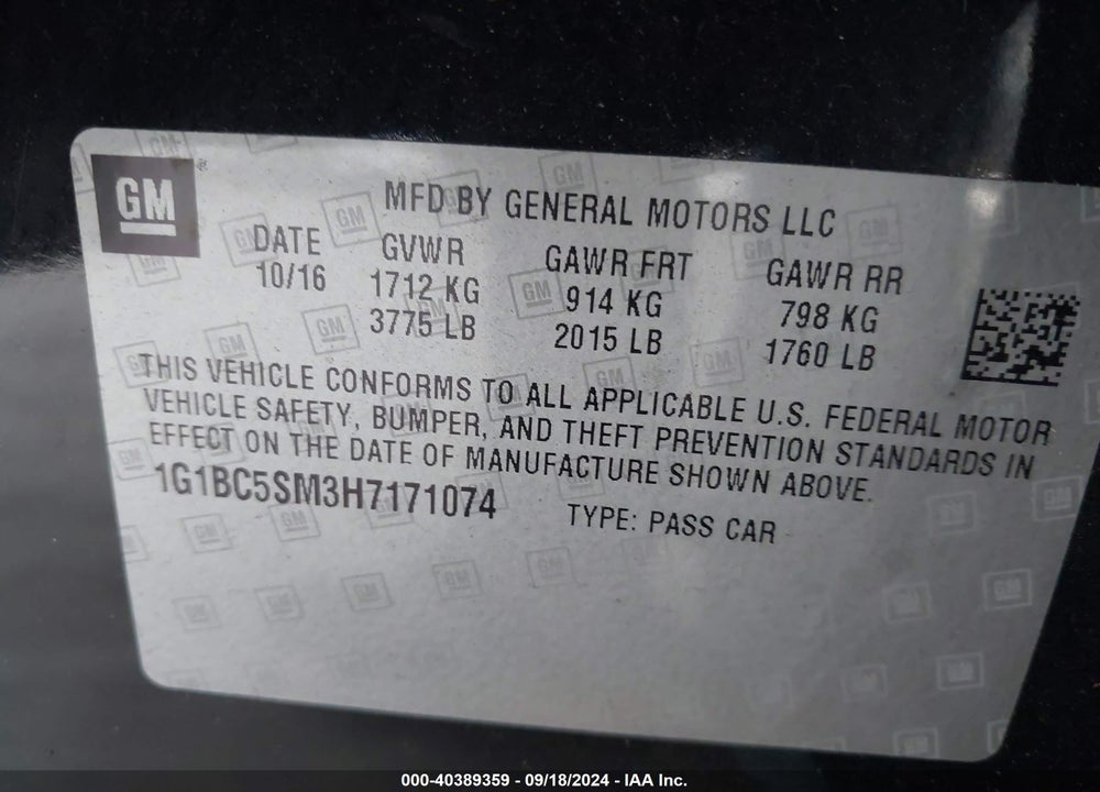 2017 CHEVROLET CRUZE LS AUTO VIN: 1G1BC5SM3H7171074