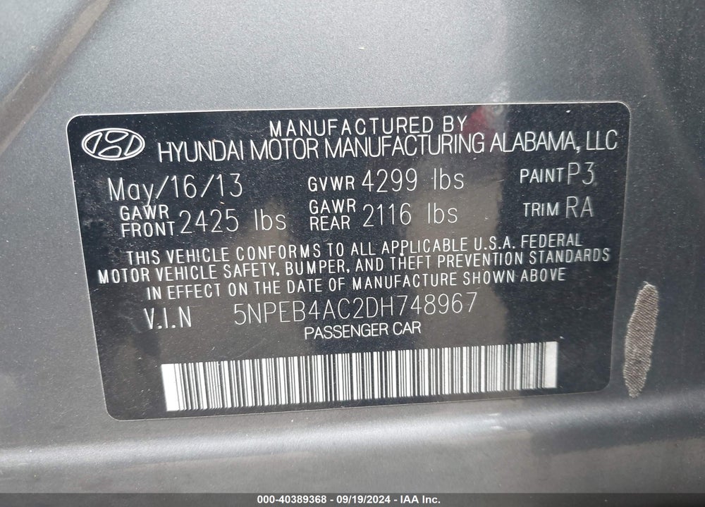 2013 HYUNDAI SONATA GLS VIN: 5NPEB4AC2DH748967