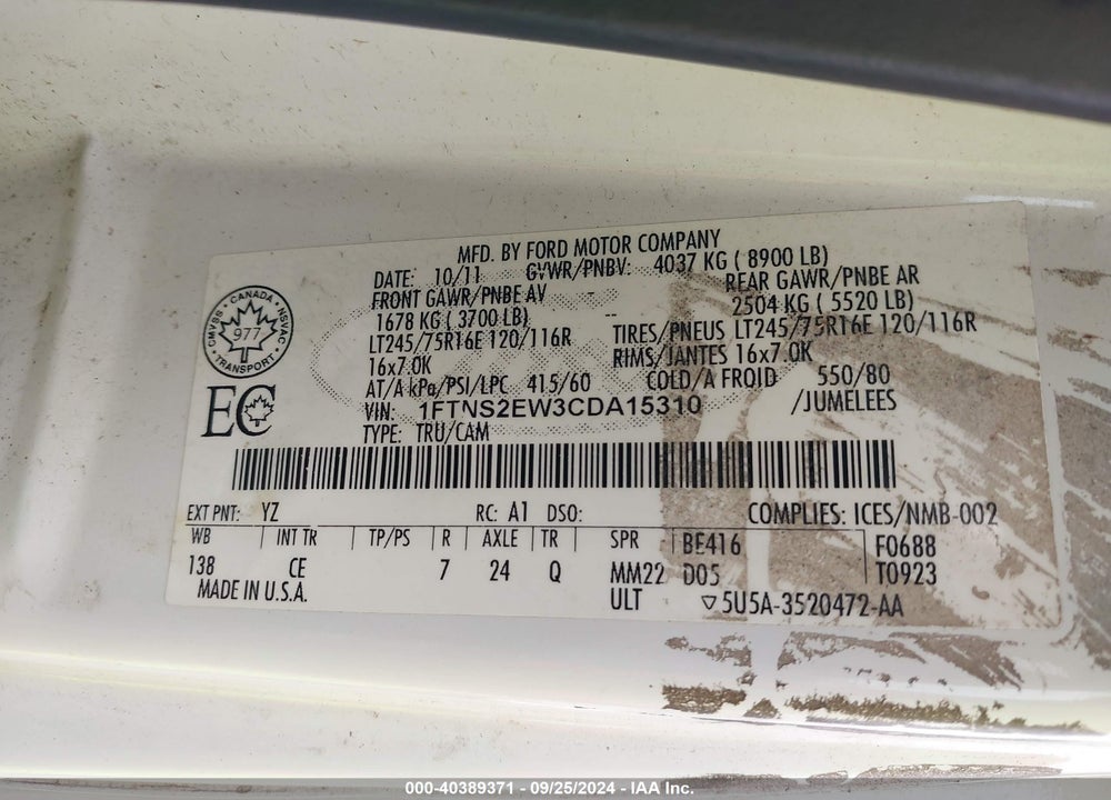2012 FORD E-250 COMMERCIAL VIN: 1FTNS2EW3CDA15310