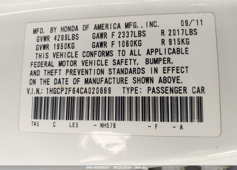 2012 HONDA ACCORD 2.4 SE VIN: 1HGCP2F64CA020669