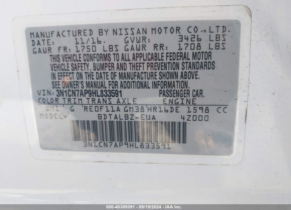 2017 NISSAN VERSA 1.6 SV VIN: 3N1CN7AP9HL833591