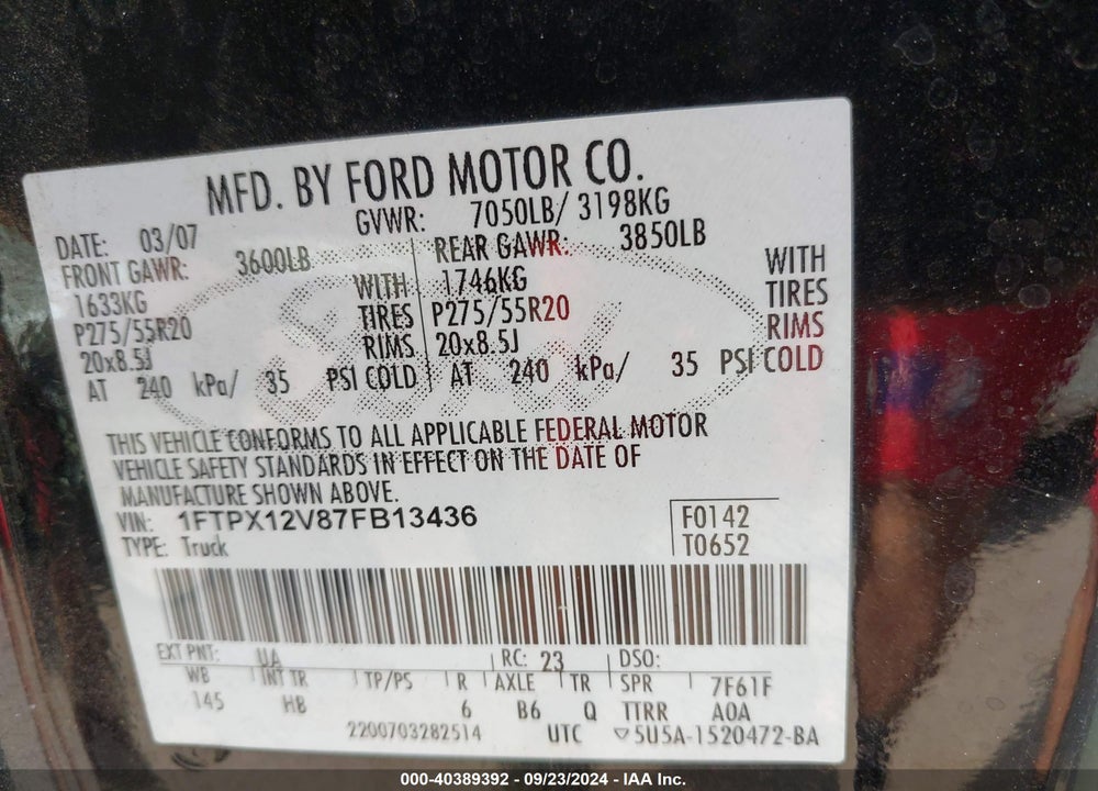 2007 FORD F-150 LARIAT/STX/XL/XLT VIN: 1FTPX12V87FB13436