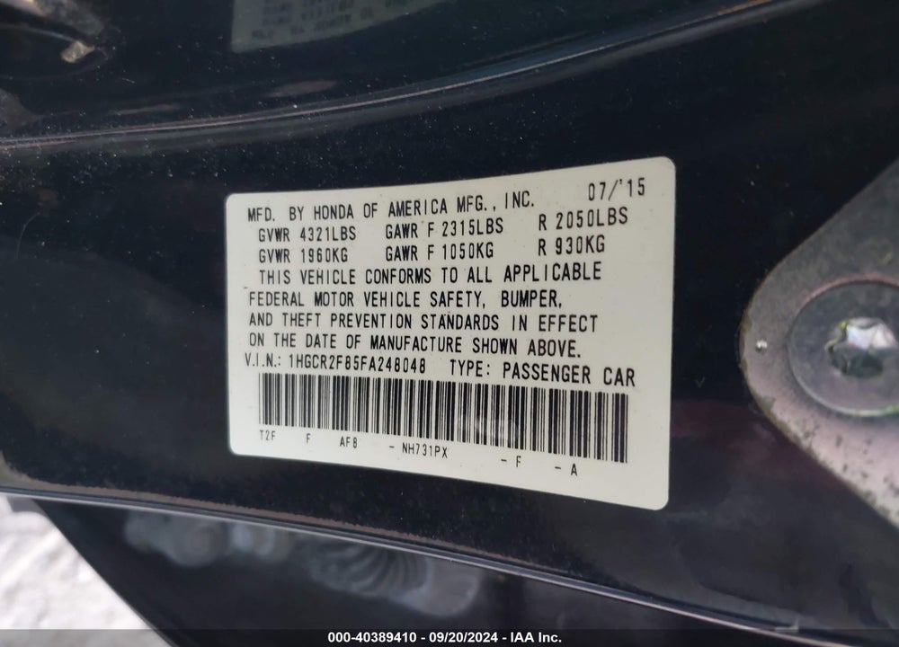 2015 HONDA ACCORD EX-L VIN: 1HGCR2F85FA248048