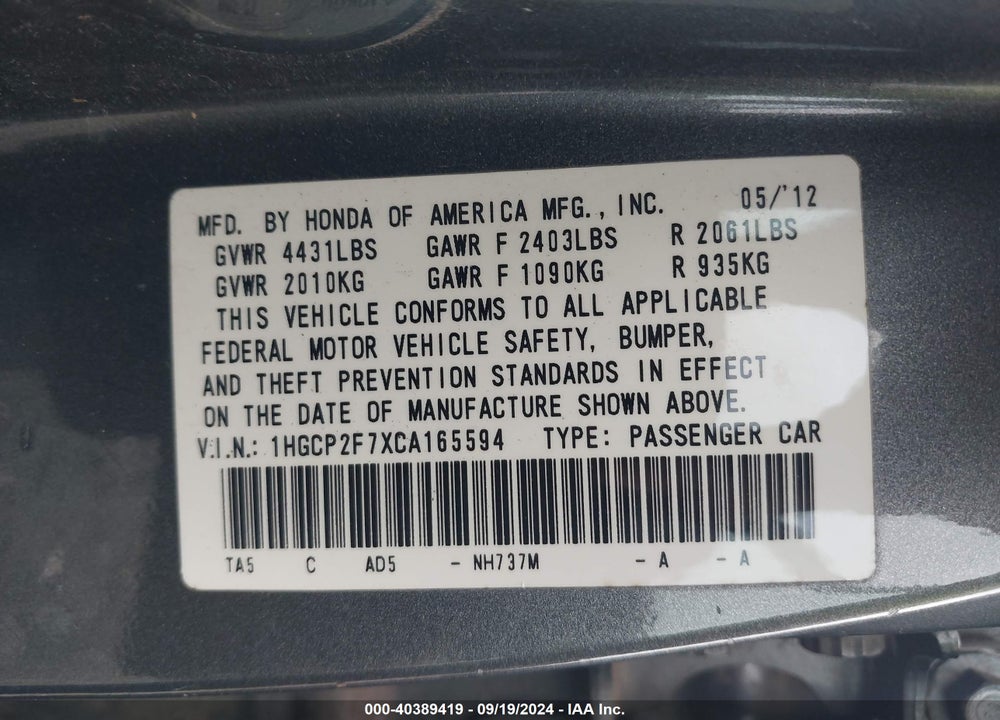 2012 HONDA ACCORD 2.4 EX VIN: 1HGCP2F7XCA165594