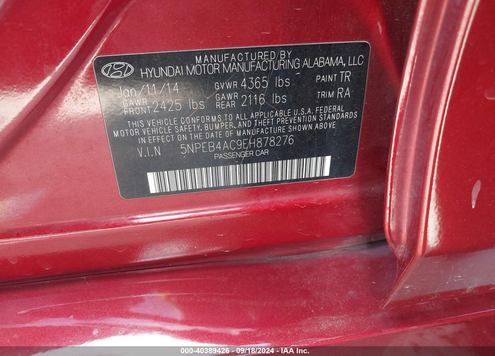 2014 HYUNDAI SONATA GLS VIN: 5NPEB4AC9EH878276