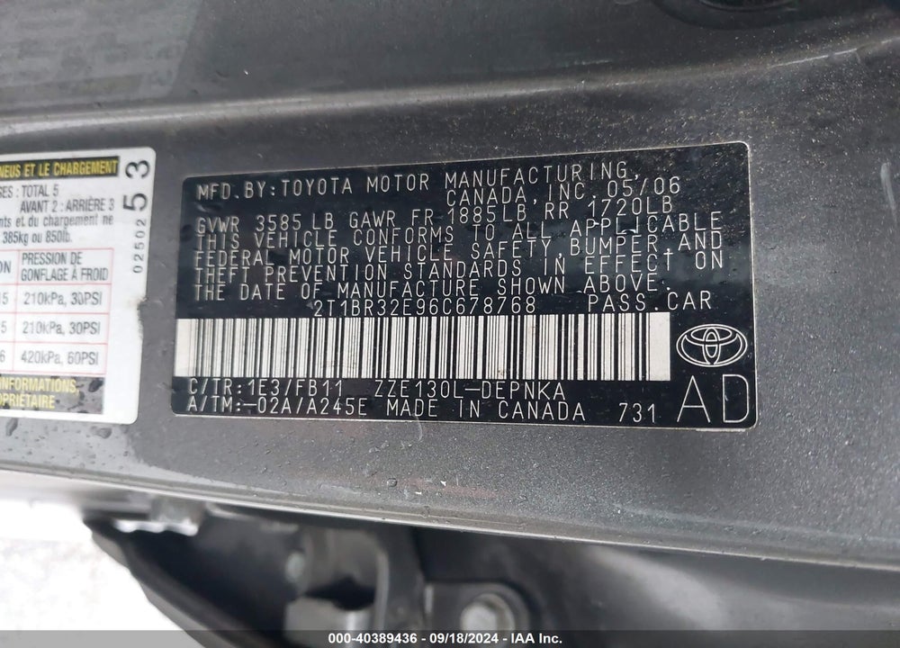 2006 TOYOTA COROLLA LE VIN: 2T1BR32E96C678768