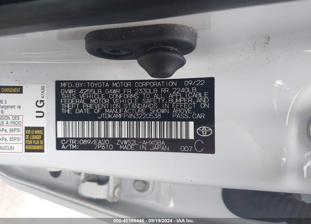 2022 TOYOTA PRIUS PRIME XLE VIN: JTDKAMFP4N3220538