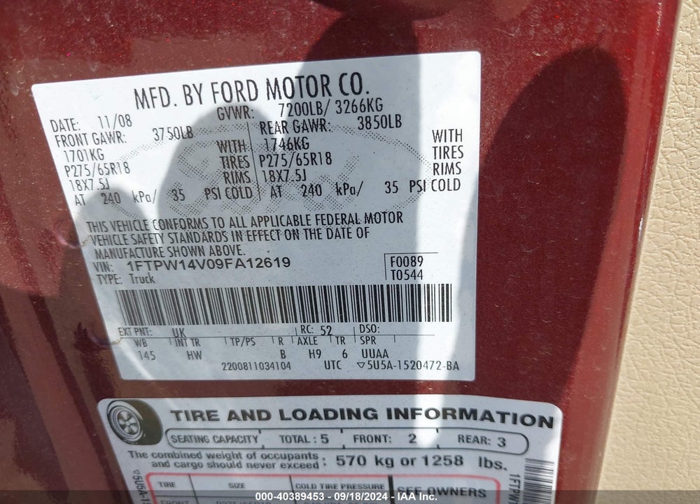 2009 FORD F-150 LARIAT VIN: 1FTPW14V09FA12619