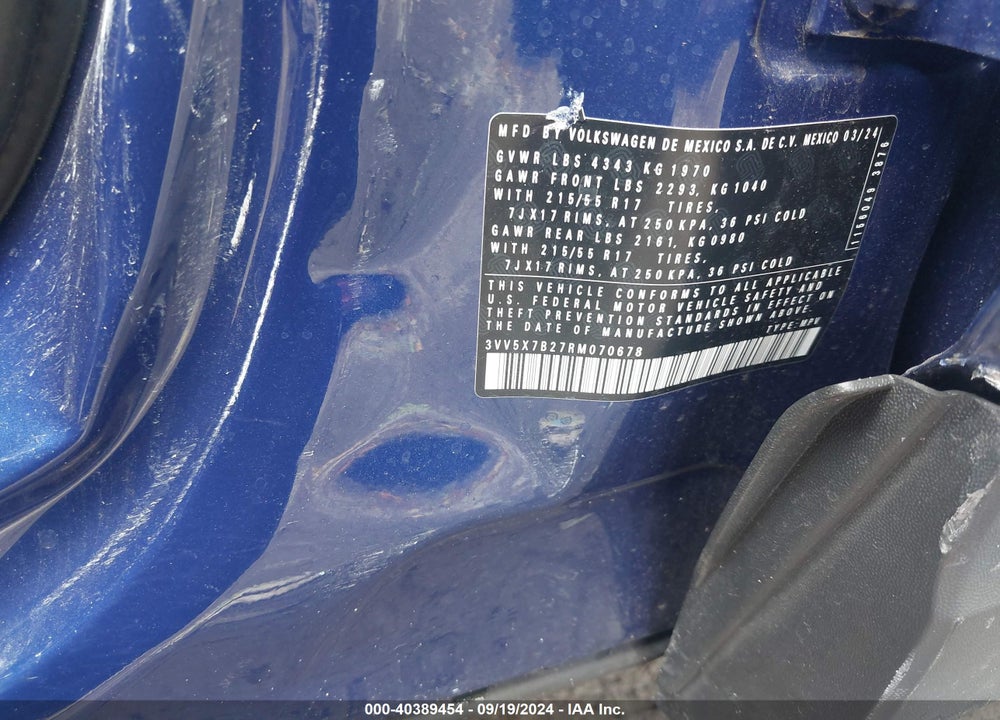 2024 VOLKSWAGEN TAOS 1.5T S VIN: 3VV5X7B27RM070678