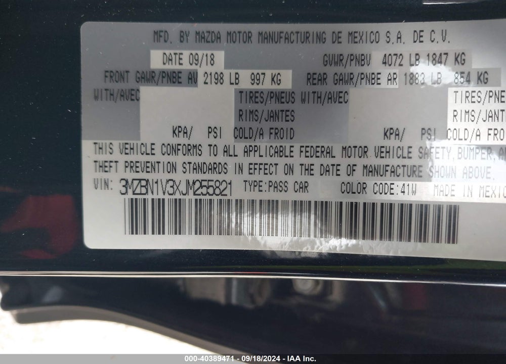 2018 MAZDA 3 TOURING VIN: 3MZBN1V3XJM255821
