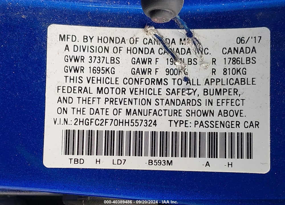 2017 HONDA CIVIC EX VIN: 2HGFC2F70HH557324
