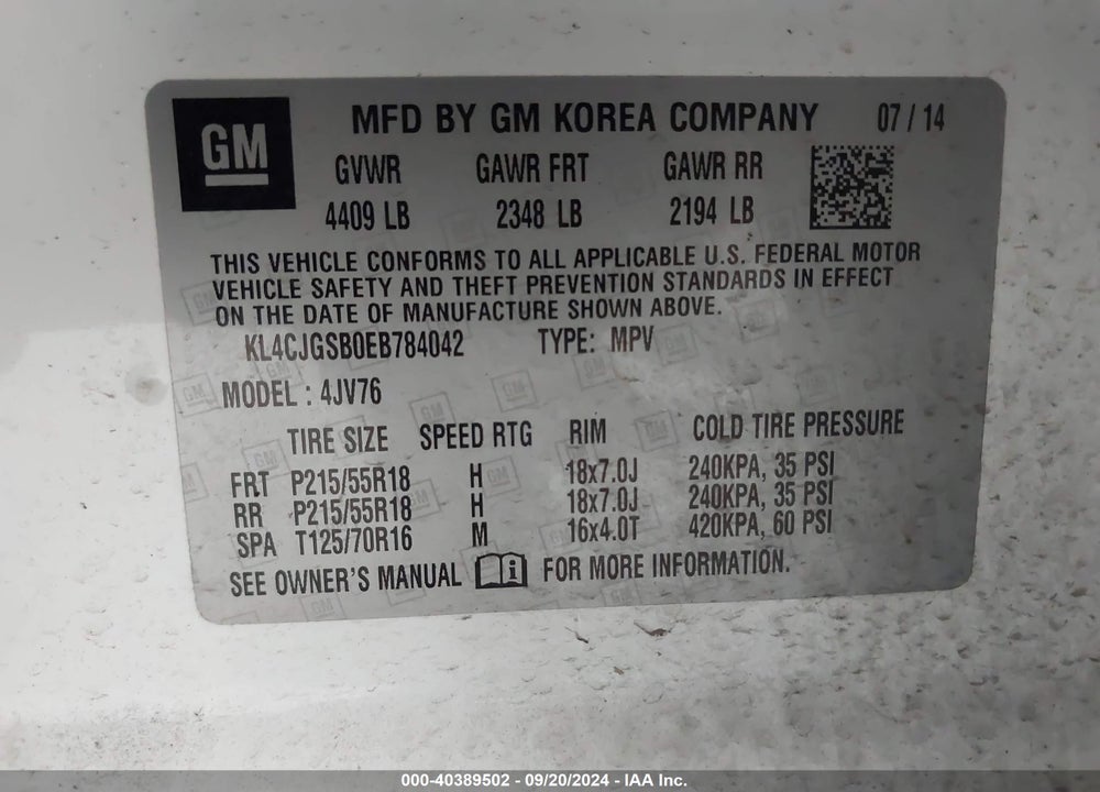 2014 BUICK ENCORE LEATHER VIN: KL4CJGSB0EB784042