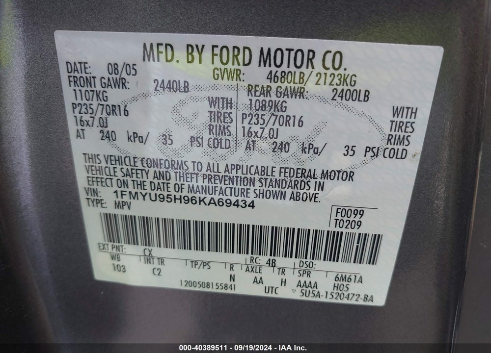 2006 FORD ESCAPE HYBRID VIN: 1FMYU95H96KA69434