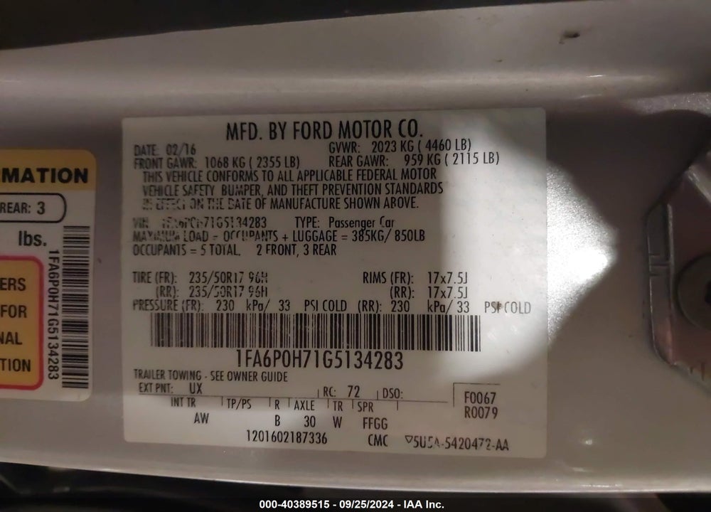 2016 FORD FUSION SE VIN: 1FA6P0H71G5134283