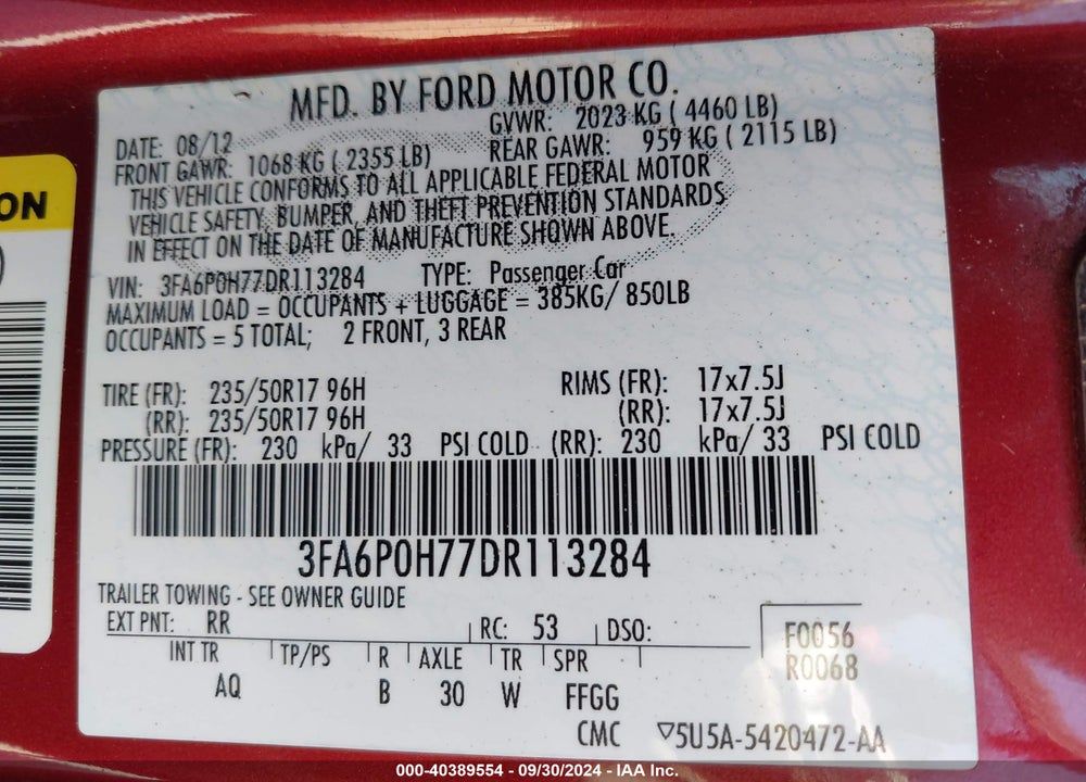 2013 FORD FUSION SE VIN: 3FA6P0H77DR113284