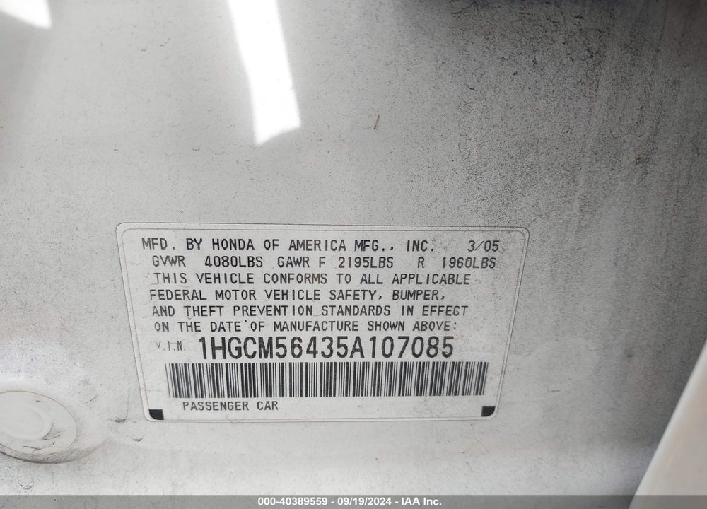 2005 HONDA ACCORD 2.4 LX VIN: 1HGCM56435A107085