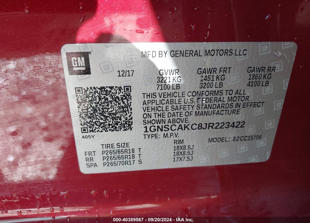 2018 CHEVROLET TAHOE LS VIN: 1GNSCAKC8JR223422