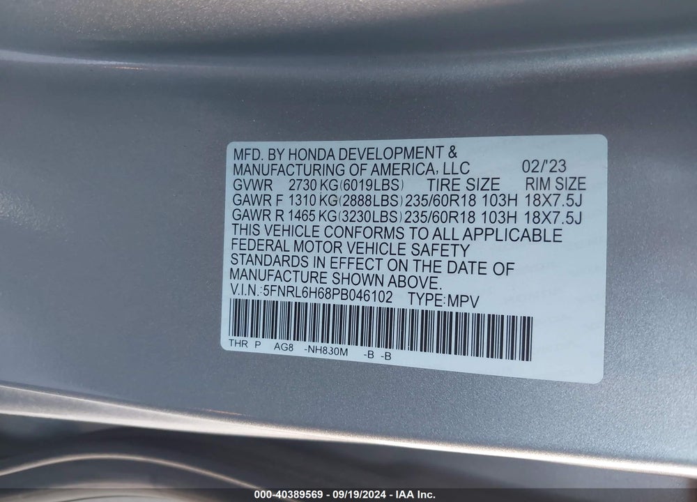 2023 HONDA ODYSSEY EX-L VIN: 5FNRL6H68PB046102