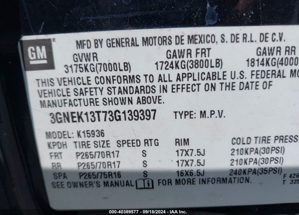 2003 CHEVROLET AVALANCHE 1500 VIN: 3GNEK13T73G139397
