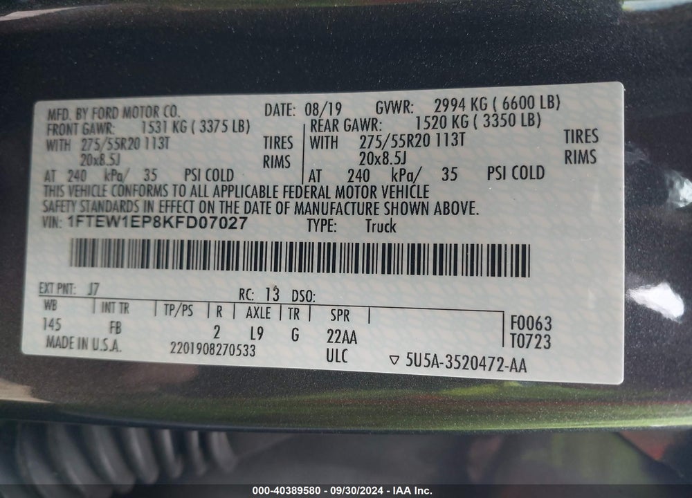 2019 FORD F-150 XLT VIN: 1FTEW1EP8KFD07027