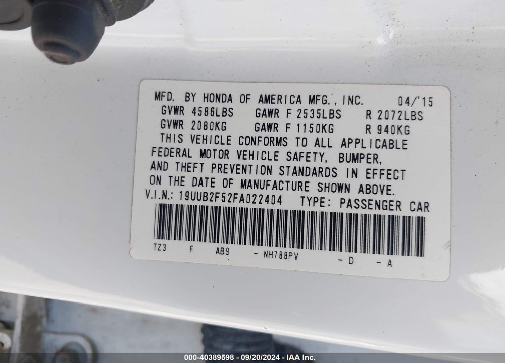 2015 ACURA TLX V6 TECH VIN: 19UUB2F52FA022404