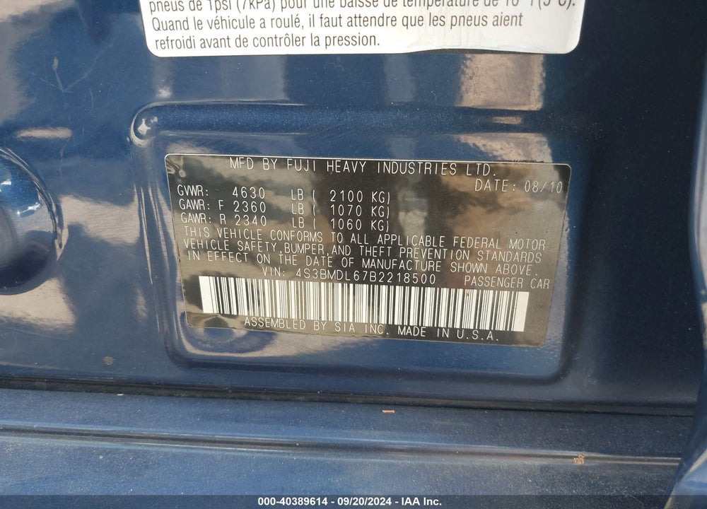 2011 SUBARU LEGACY 3.6R LIMITED VIN: 4S3BMDL67B2218500