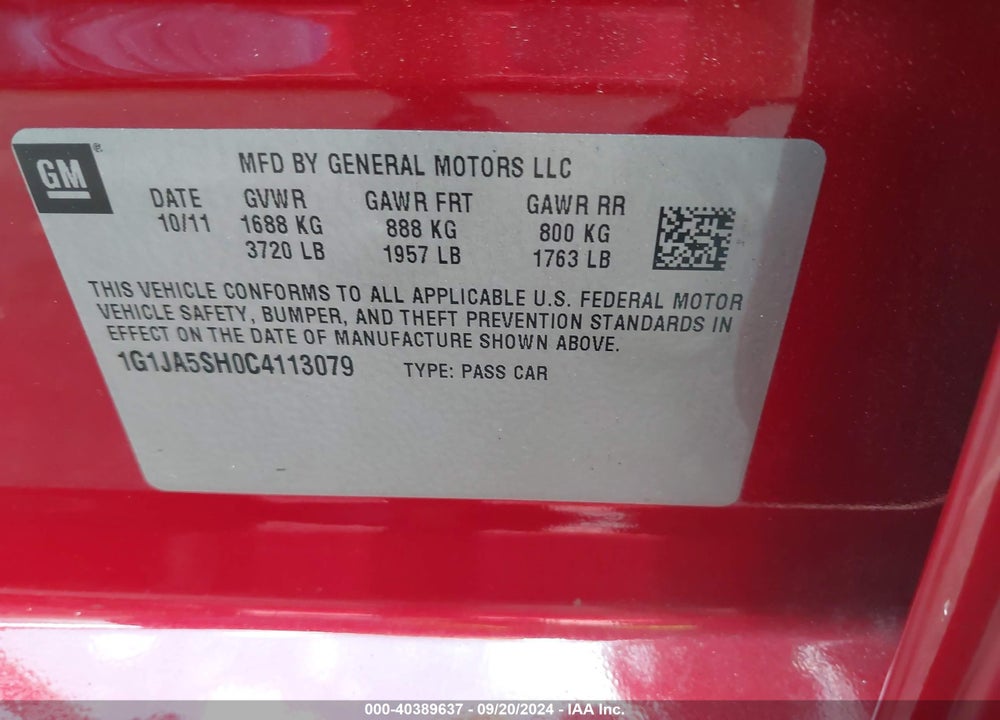 2012 CHEVROLET SONIC 2LS VIN: 1G1JA5SH0C4113079