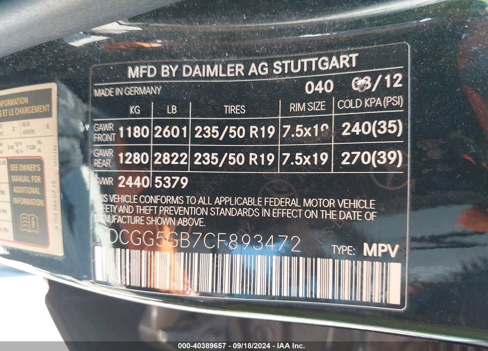 2012 MERCEDES-BENZ GLK 350 VIN: WDCGG5GB7CF893472