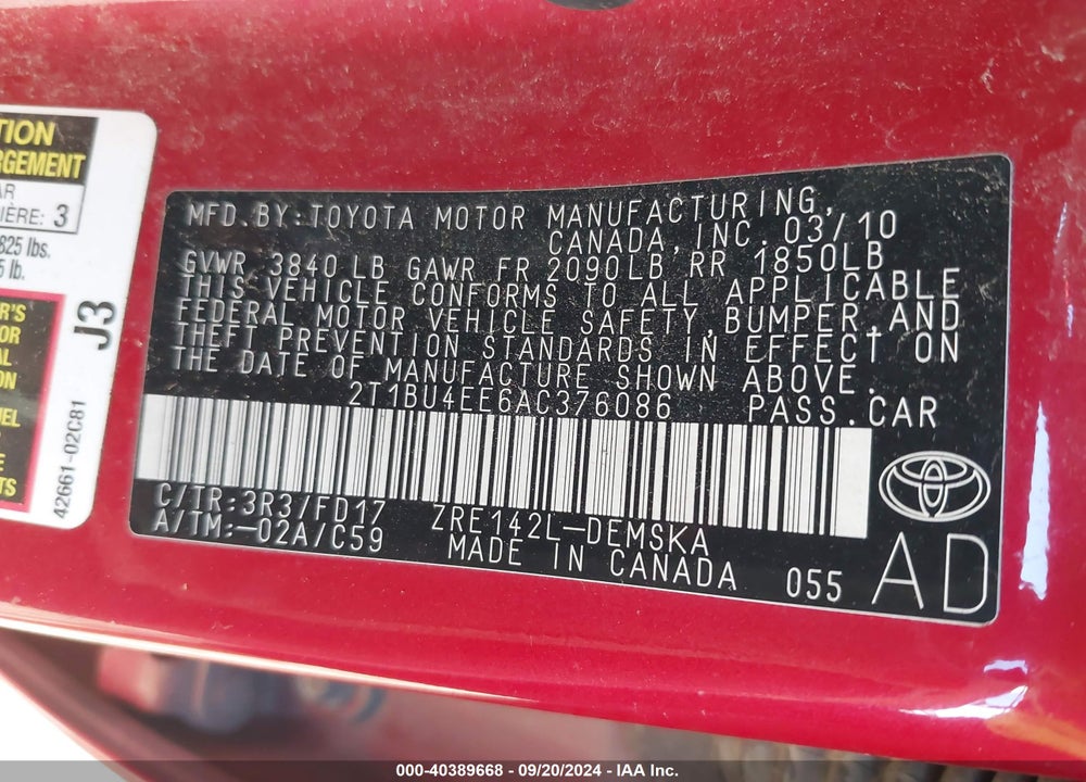 2010 TOYOTA COROLLA S VIN: 2T1BU4EE6AC376086