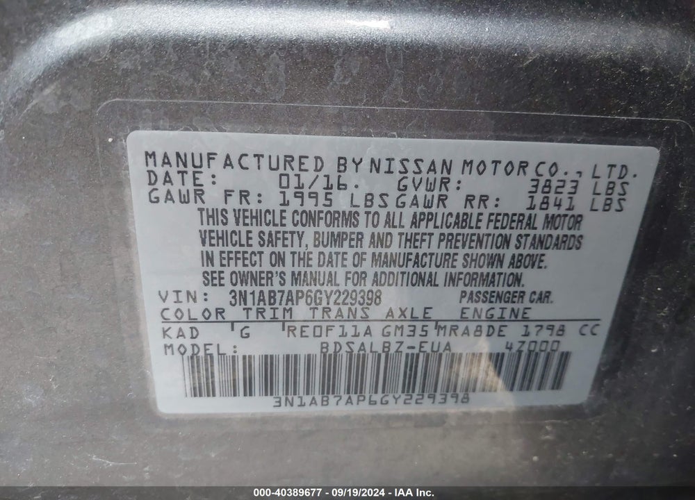 2016 NISSAN SENTRA S VIN: 3N1AB7AP6GY229398