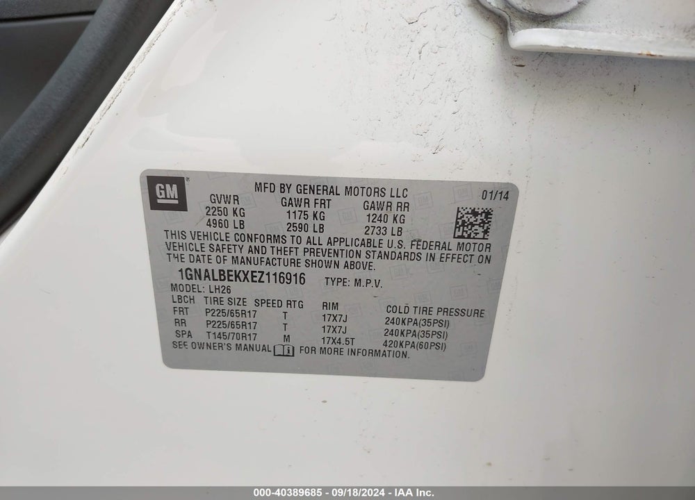 2014 CHEVROLET EQUINOX 1LT VIN: 1GNALBEKXEZ116916