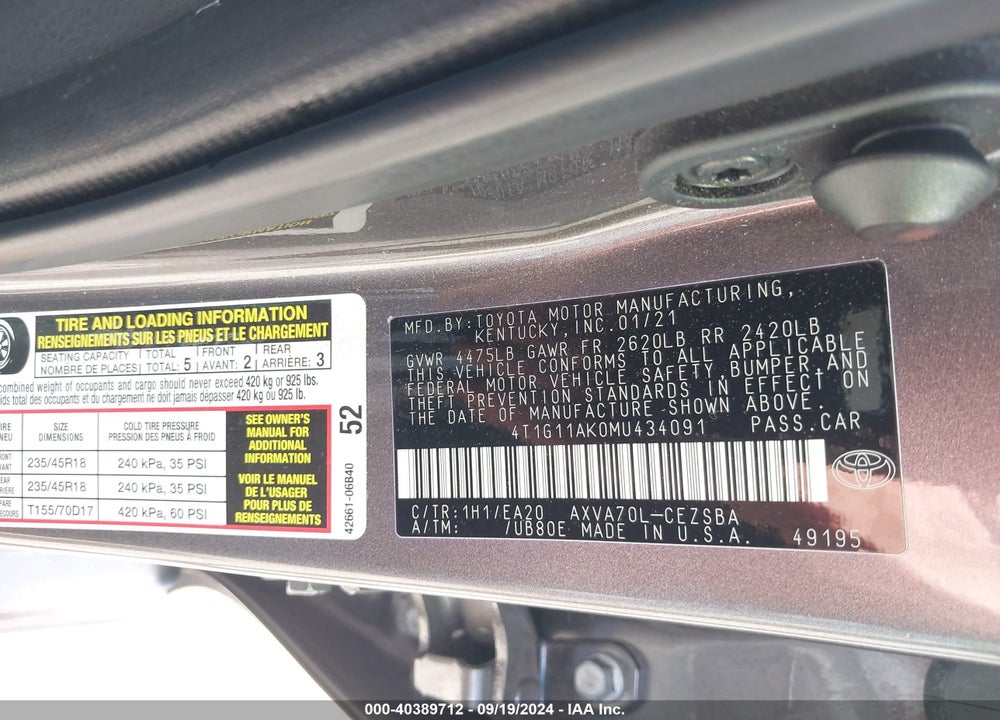 2021 TOYOTA CAMRY SE VIN: 4T1G11AK0MU434091