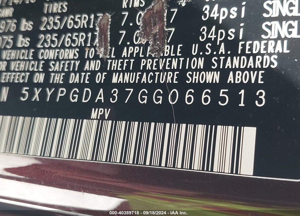 2016 KIA SORENTO 2.4L LX VIN: 5XYPGDA37GG066513