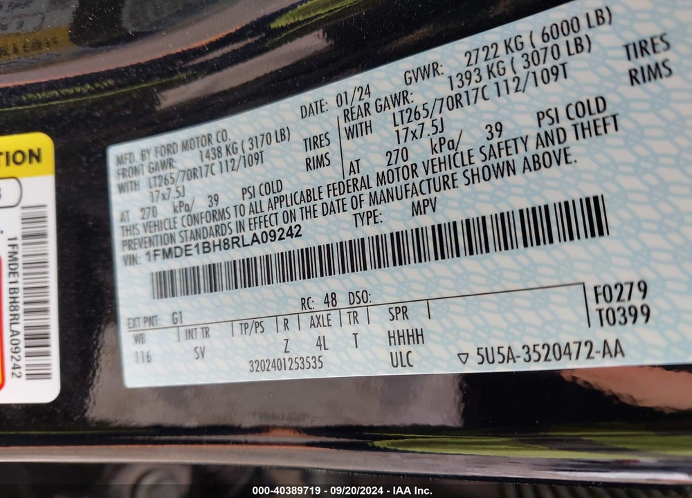 2024 FORD BRONCO BLACK DIAMOND VIN: 1FMDE1BH8RLA09242
