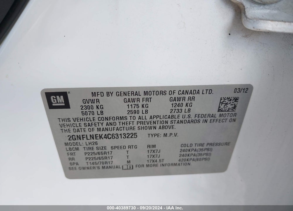 2012 CHEVROLET EQUINOX 2LT VIN: 2GNFLNEK4C6313225