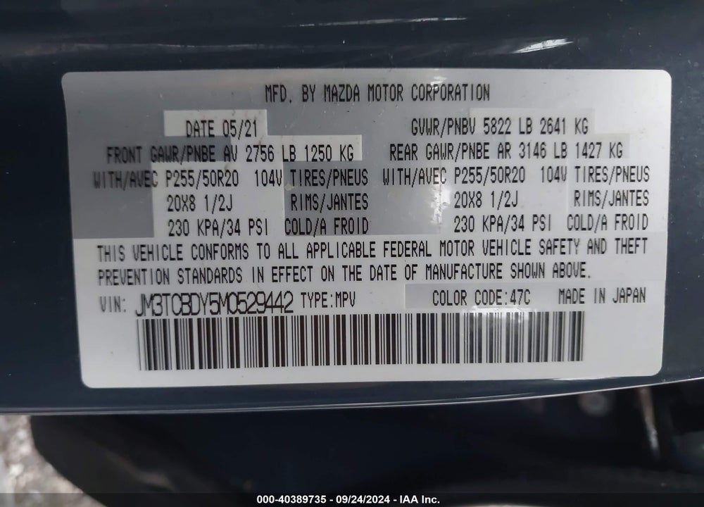 2021 MAZDA CX-9 CARBON EDITION VIN: JM3TCBDY5M0529442