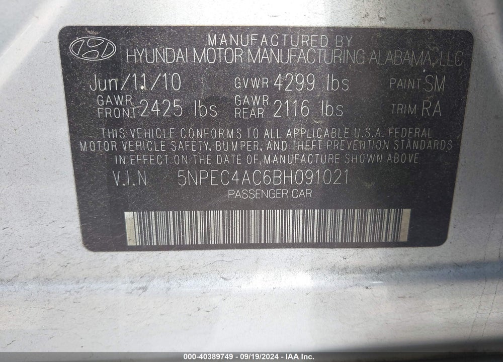 2011 HYUNDAI SONATA LIMITED VIN: 5NPEC4AC6BH091021
