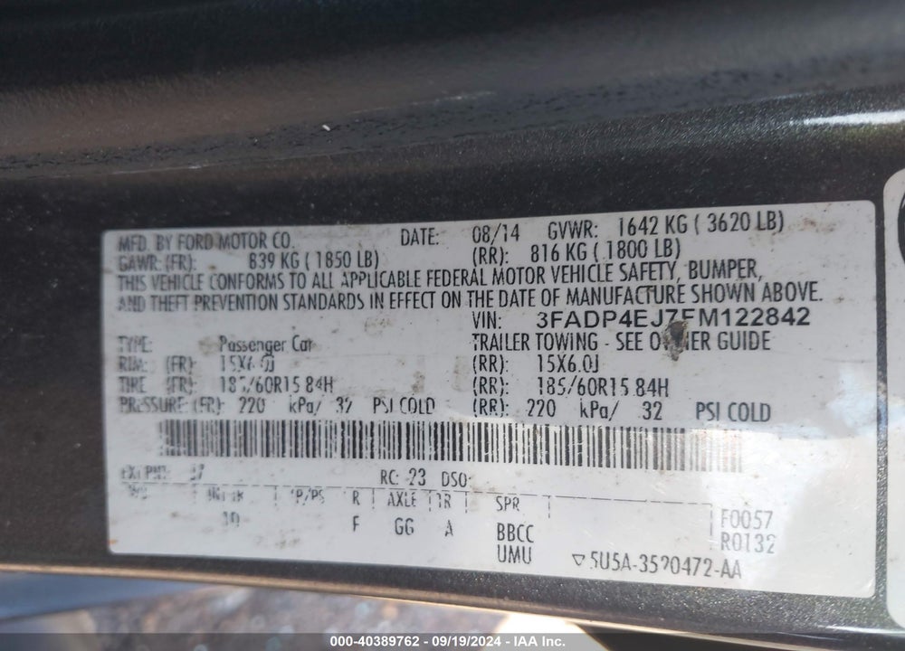 2015 FORD FIESTA SE VIN: 3FADP4EJ7FM122842