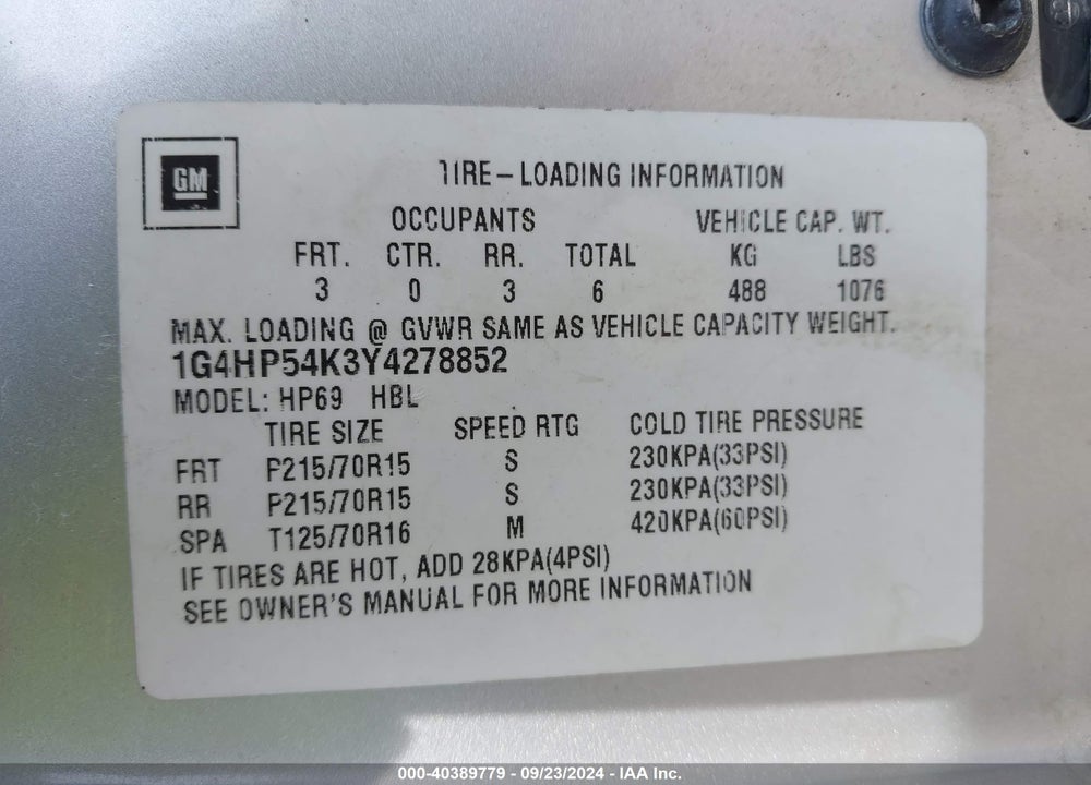 2000 BUICK LESABRE CUSTOM VIN: 1G4HP54K3Y4278852