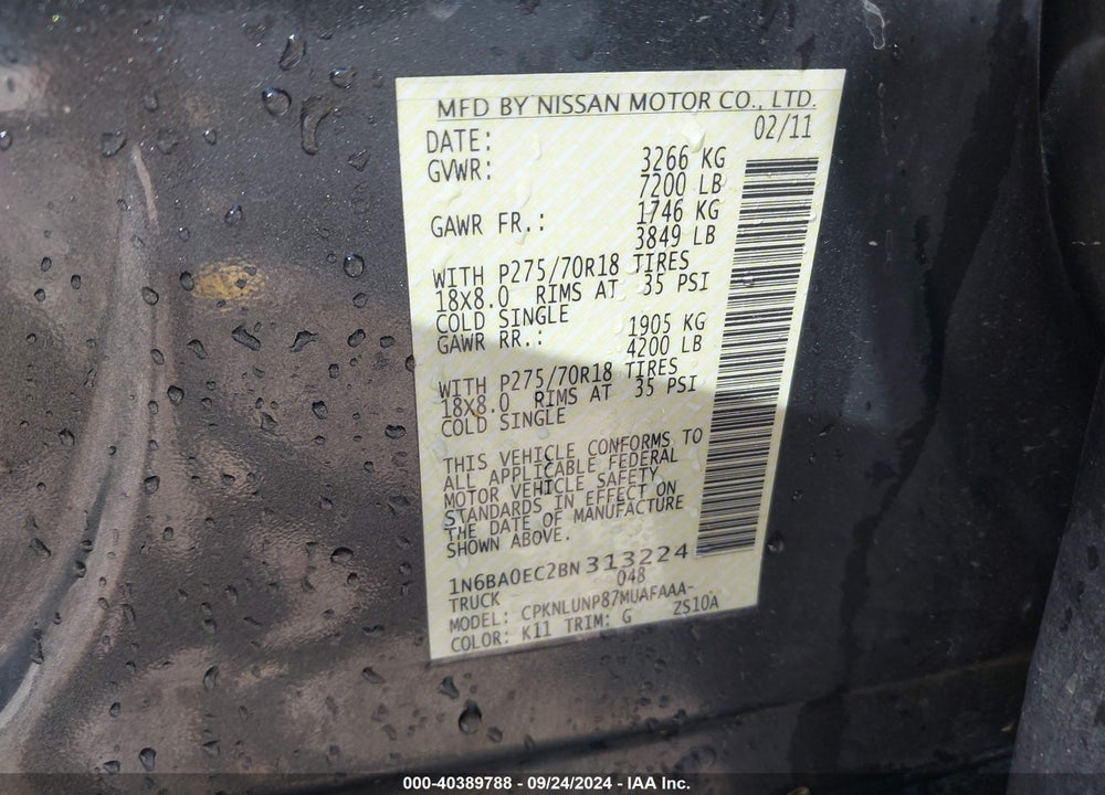 2011 NISSAN TITAN PRO-4X VIN: 1N6BA0EC2BN313224