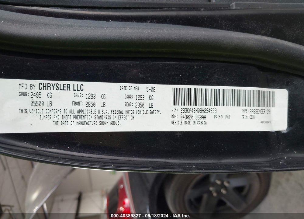 2008 DODGE CHARGER VIN: 2B3KA43H08H294538