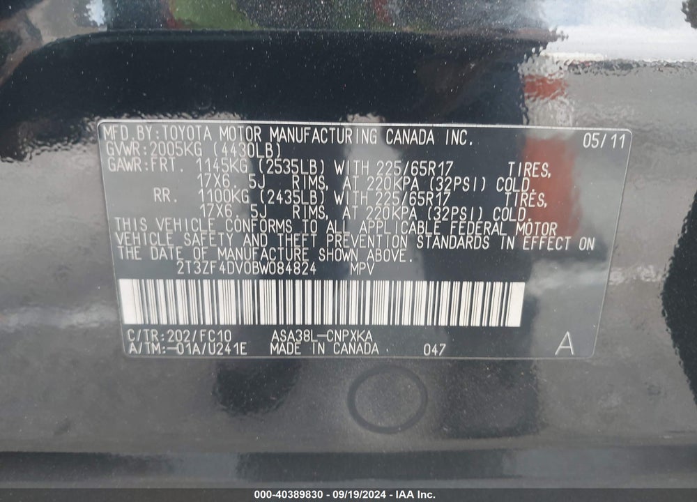 2011 TOYOTA RAV4 BASE (A4) VIN: 2T3ZF4DV0BW084824